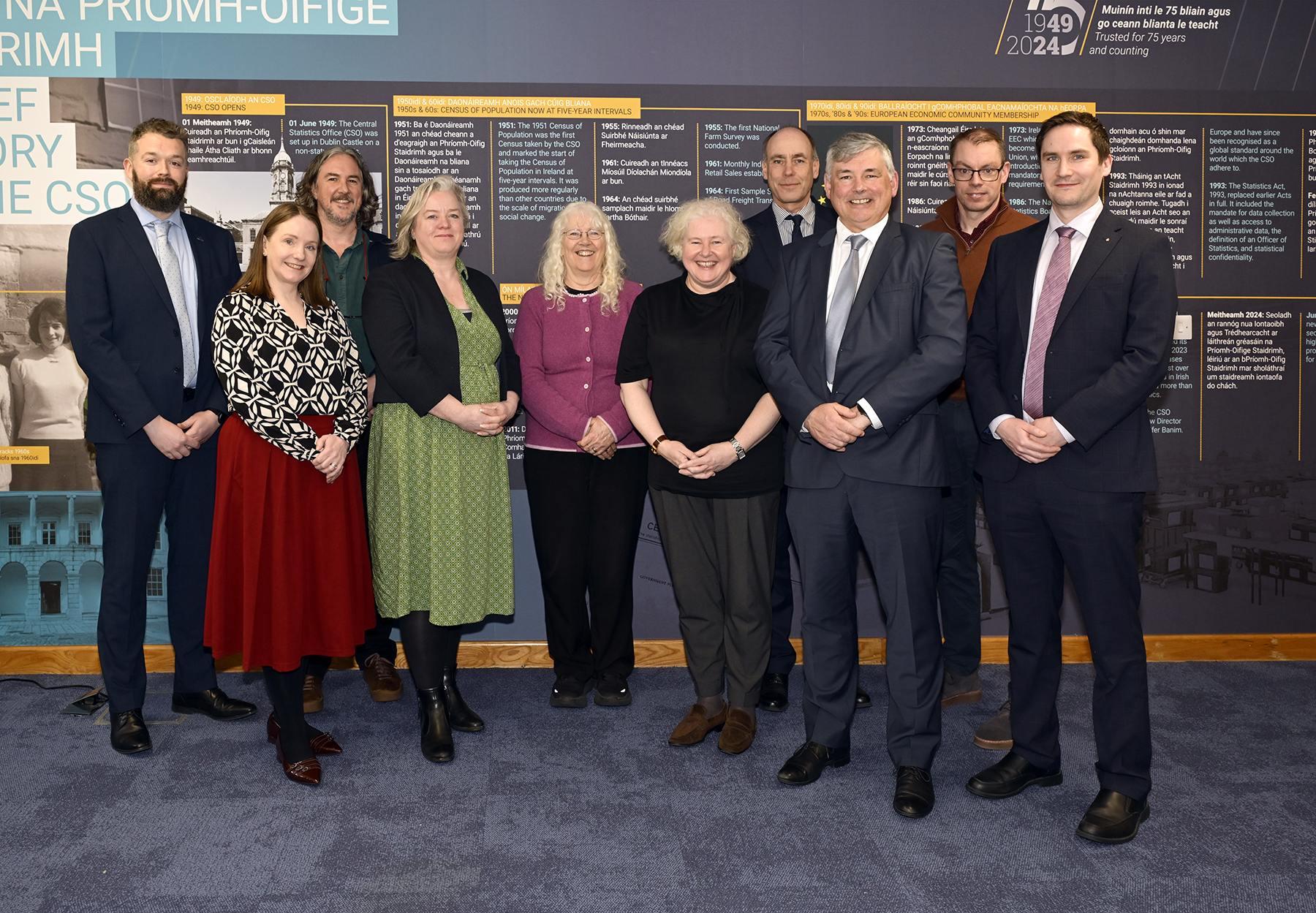 National Statistics Board Members March 2026 
Left to right, Seán O’Connor (incoming Secretary), Martina Lawless, Jim Scheer, Clíona Saidléar (Chairperson), Eithne Fitzgerald, Jennifer Banim (Director General), John Shaw, John McGarry, Brian Cahill (outgoing Secretary), Colin Hanley (Secretariat). The member not in the photograph is Emma Cunningham. 